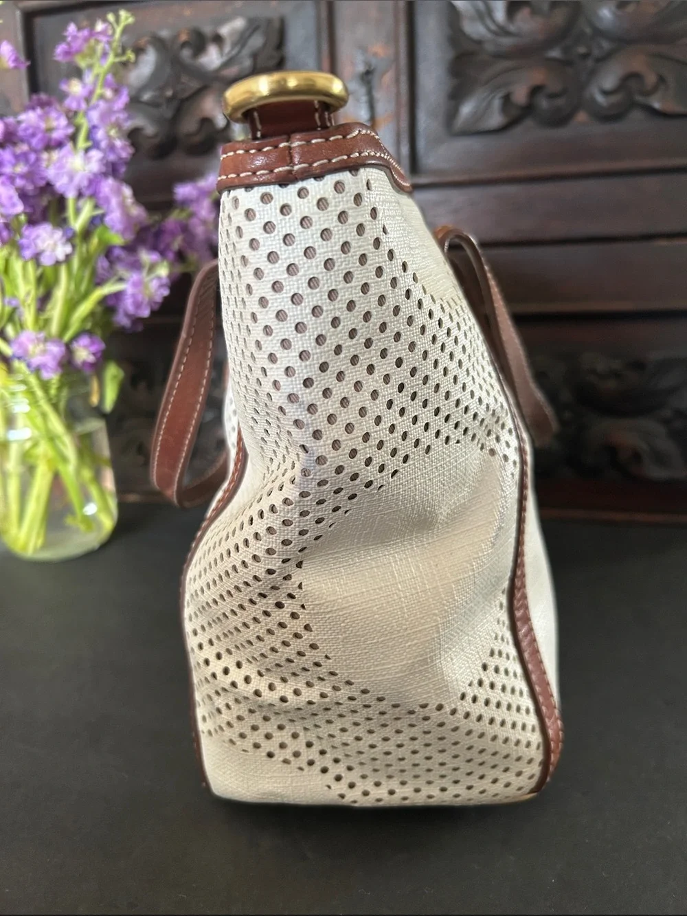 Fossil Cream and Brown Perforated Dot Tote